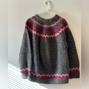 Hand knit Icelandic Sweater with plum and light grey trim ..